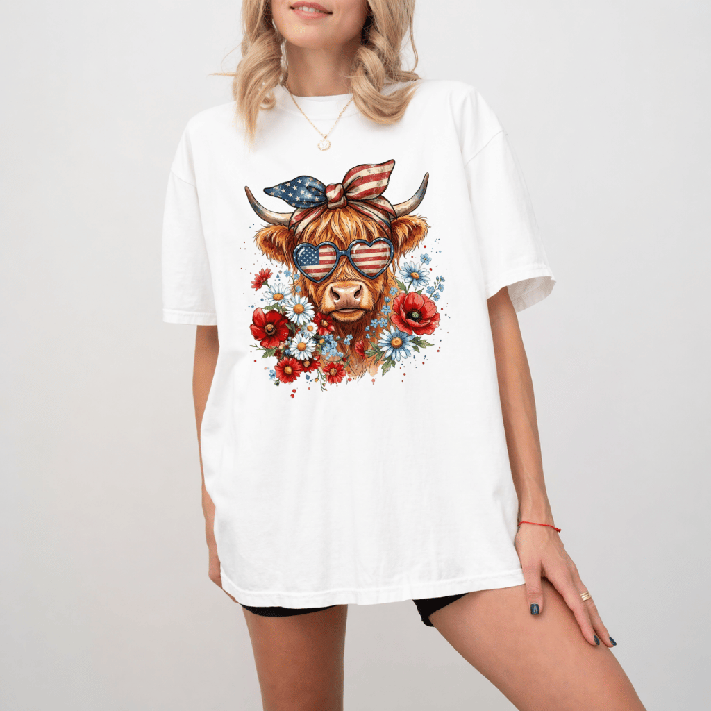 Retro Patriotic Highland Cow Comfort Colors T-Shirt – 4th of July Gift for Women, Cowgirl Tee - detail view